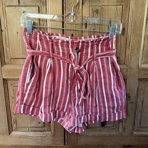 American Eagle‎ 2 Red White Striped Shorts Paperbag Belted High Rise Linen Blend